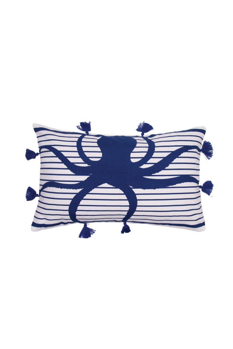 Indigo Stripes Octopus Cotton Blend Lumbar Accent Pillow 14" x 22", Main, color, Blue