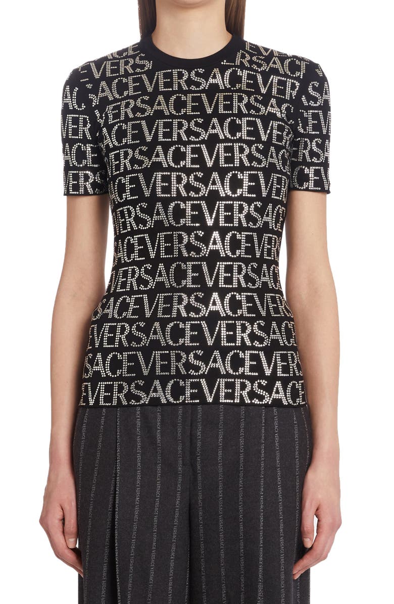 Versace Women's Crystal Embellished Cotton Logo T-Shirt, Main, color, 