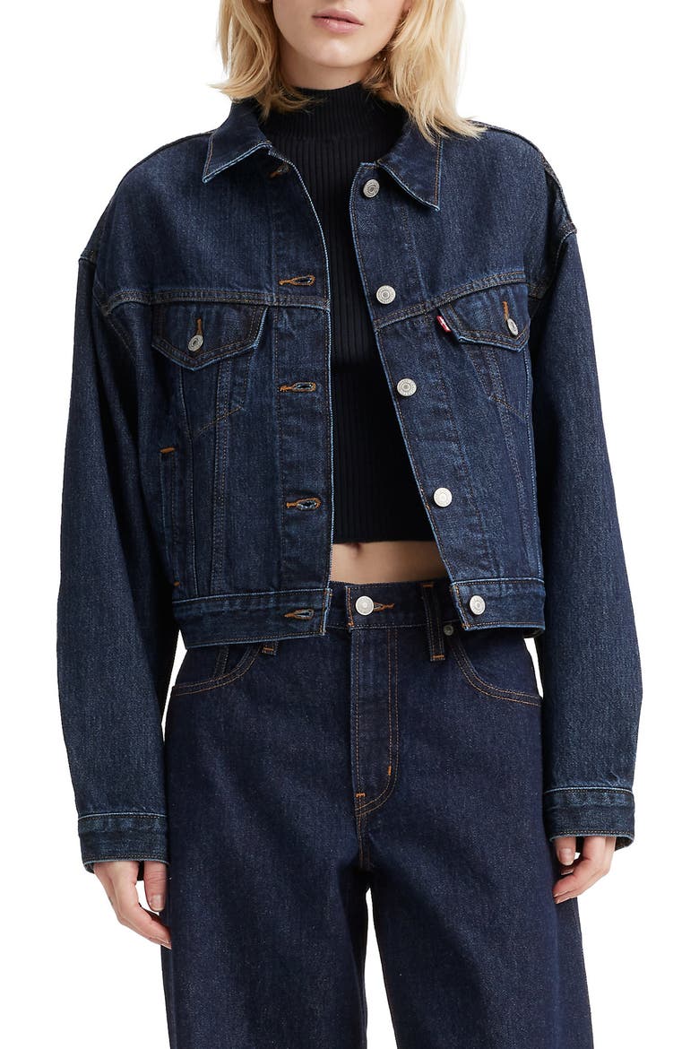 Shrunken '90s Denim Trucker Jacket, Main, color, REMEMBER TOGETHER