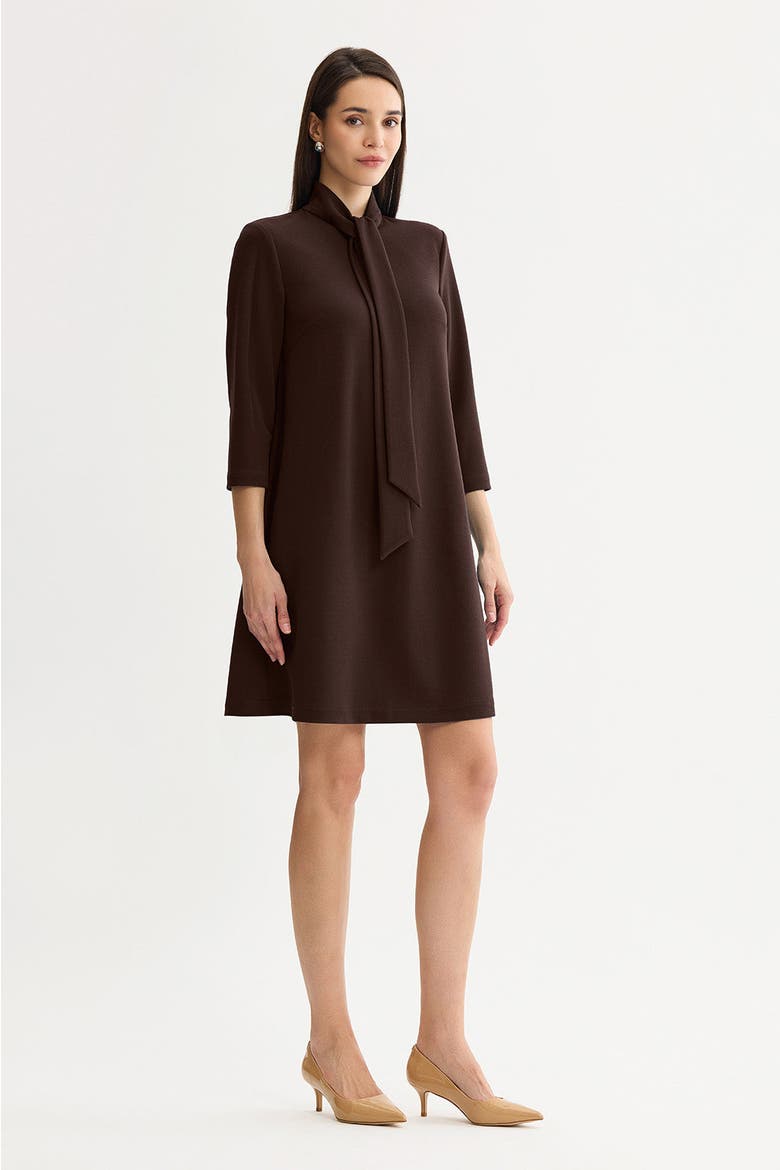 Stretch Deco Crepe Tie Neck Tent Dress, Alternate, color, Dark Umber