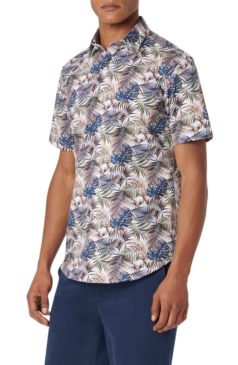 Bugatchi Orson Shaped Fit Frond Print Stretch Cotton Camp Shirt, Alternate, color, Khaki