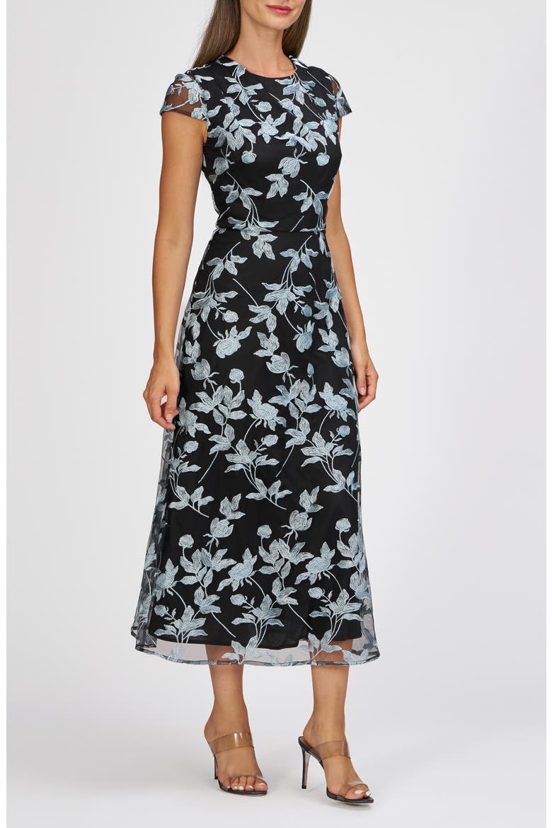 Yvette Embroidered Midi Dress, Alternate, color, BLACK/ SEA ANGEL
