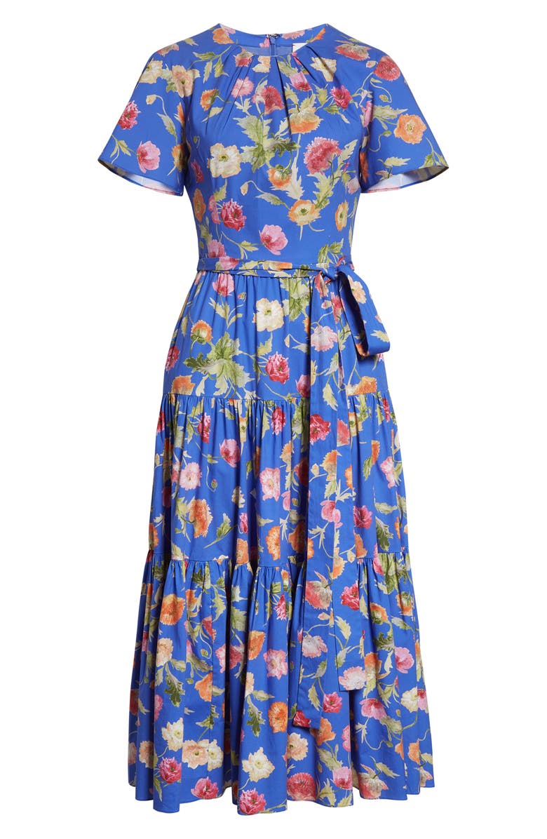 Carolina Herrera Poppy Print Tiered stretch Cotton Midi Dress, Alternate, color, Bluebell Multi