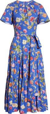 Carolina Herrera Poppy Print Tiered stretch Cotton Midi Dress