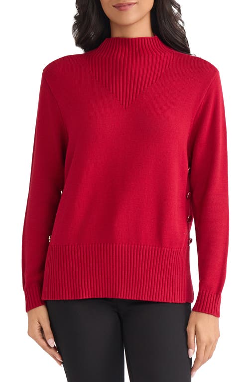 Jones New York Button Detail Rib Funnel Neck Sweater In Red