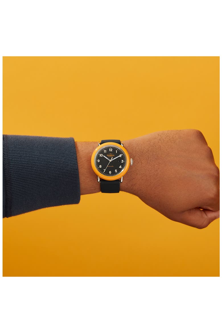 Detrola No.2 Silicone Strap Watch, 43mm, Alternate, color, BLACK/ ORANGE/ SILVER