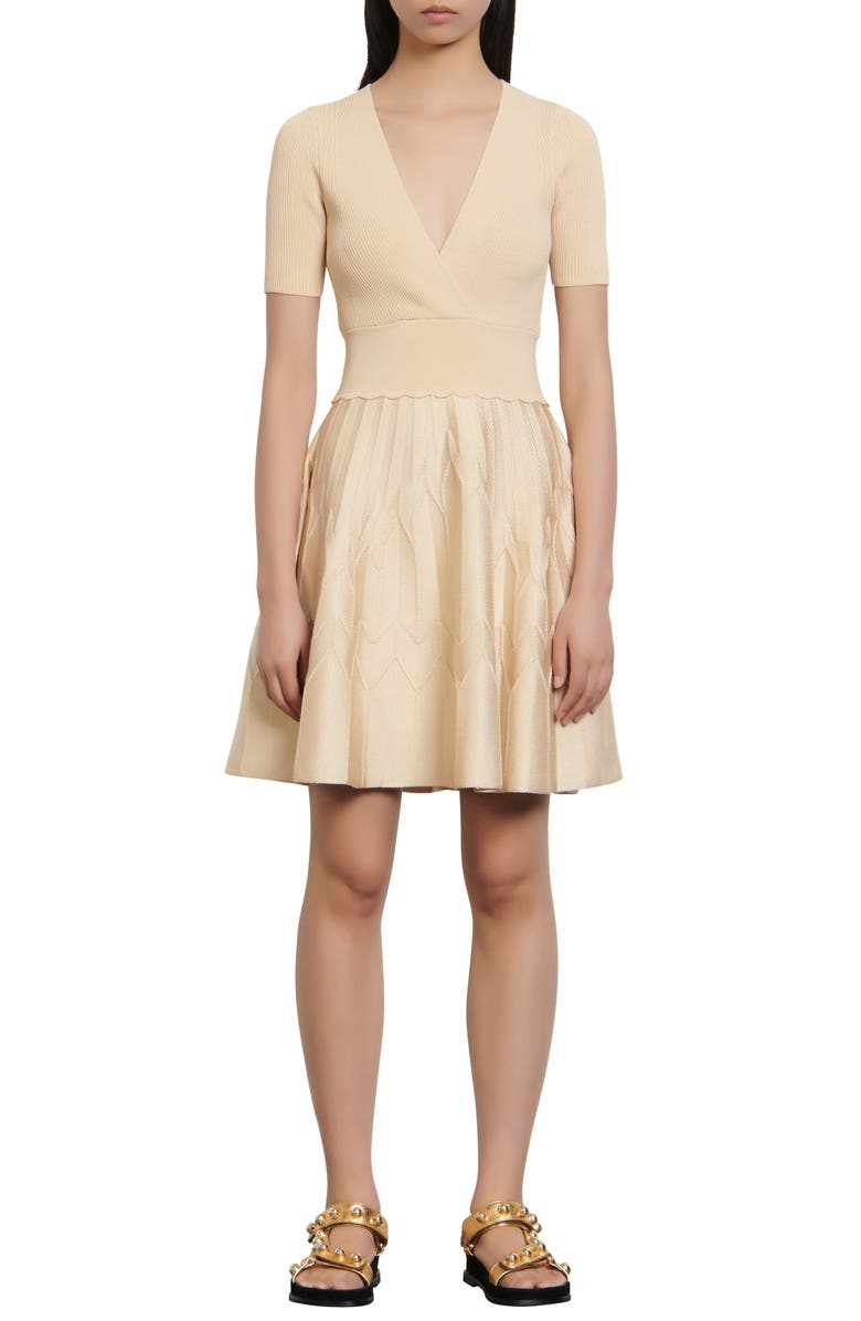SANDRO Espera Mixed Media V-Neck A-Line Dress, Main, color, Beige