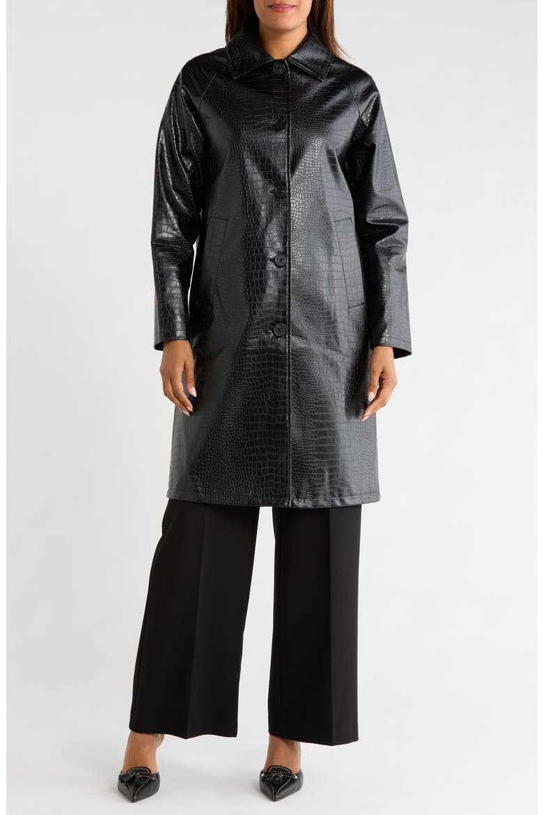 Croc Embossed Faux Leather Trench Coat, Main, color, BLACK