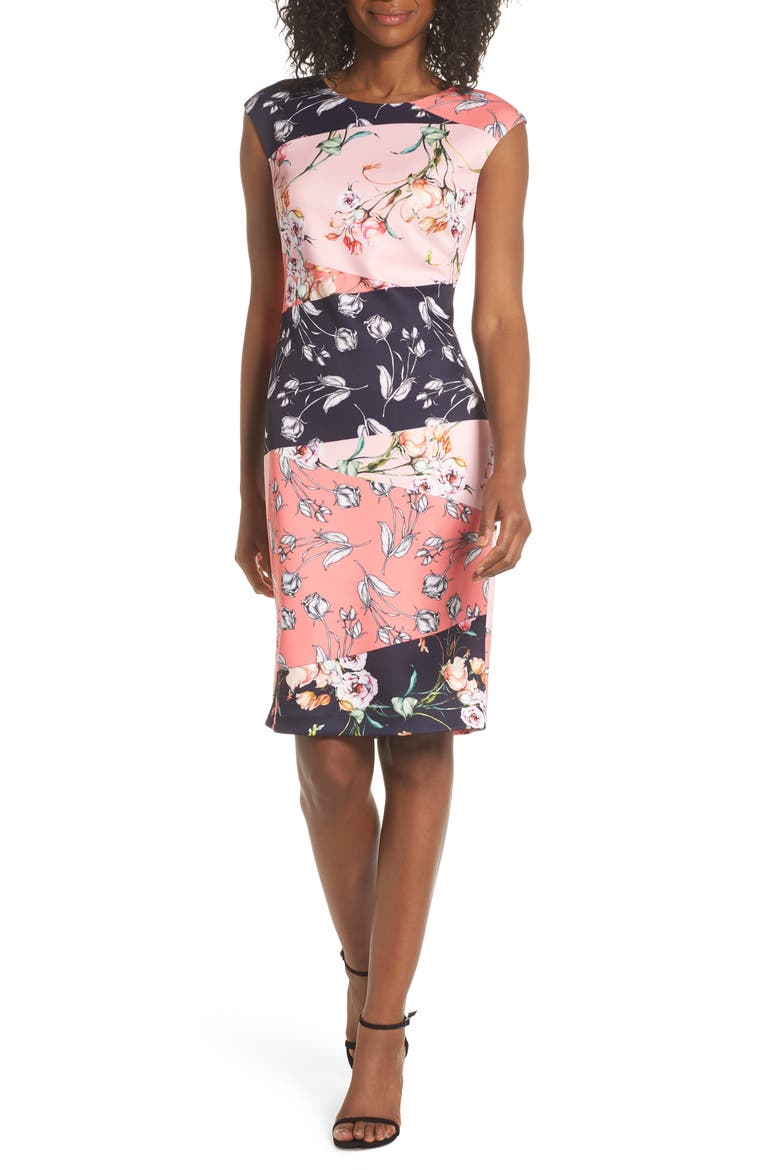 Floral Print Scuba Crepe Sheath Dress, Main, color, PINK MULTI