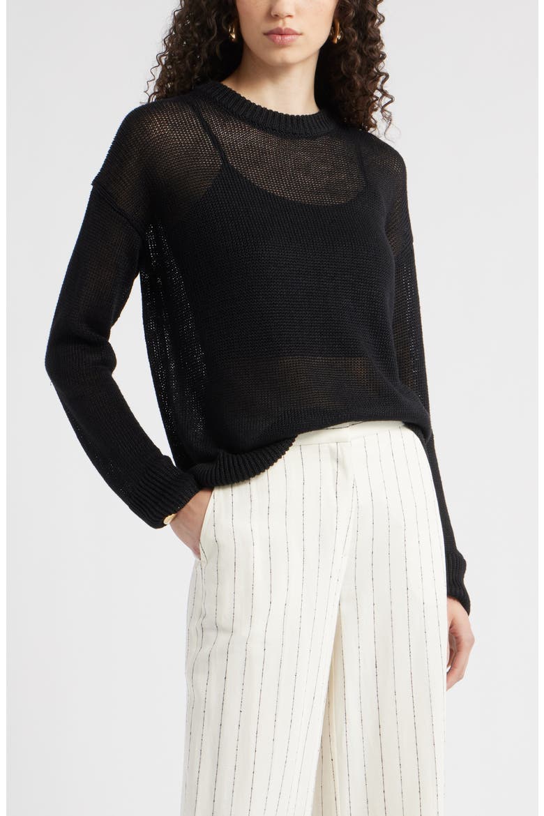 Open Knit Linen Sweater, Main, color, BLACK