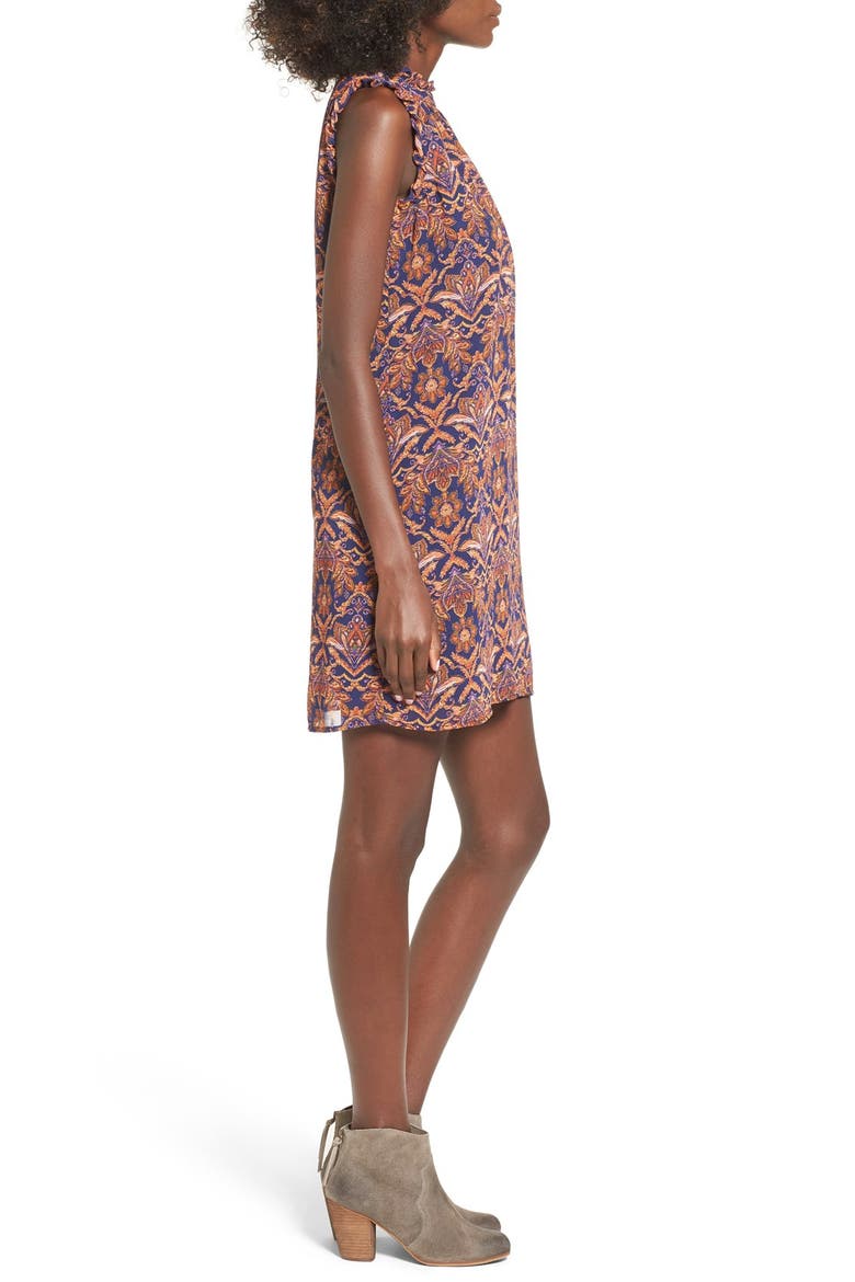 Ruffle Mock Neck Shift Dress, Alternate, color, NAVY/ ORANGE
