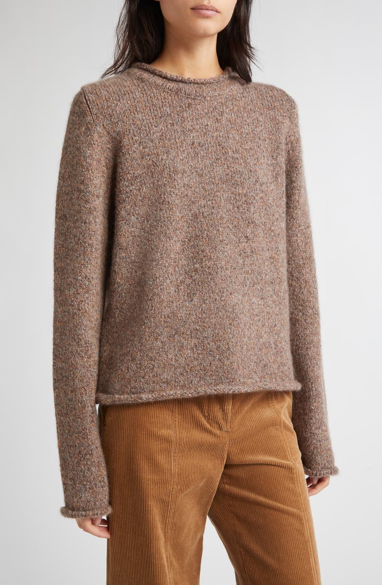 Johnstons of Elgin Brushed Cashmere & Silk Crewneck Sweater, Main, color, Molasses Mix