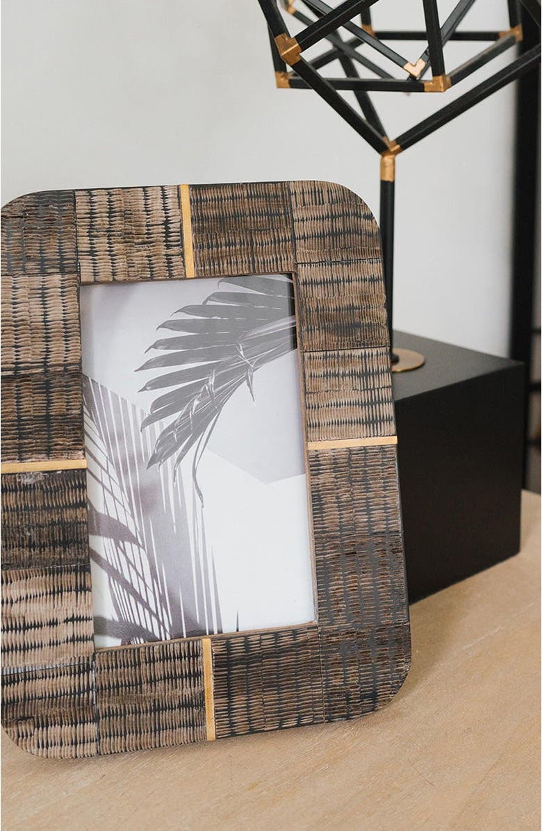 Matr Boomie Kerala Picture Frame - Curved Carved Horn , Brass Inlay, Alternate, color, Brown