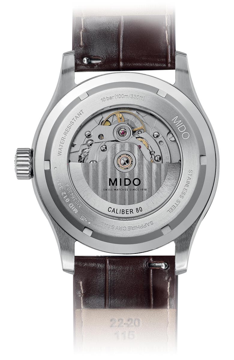 MIDO Multifort Leather Strap Watch, 42mm, Alternate, color, Silver