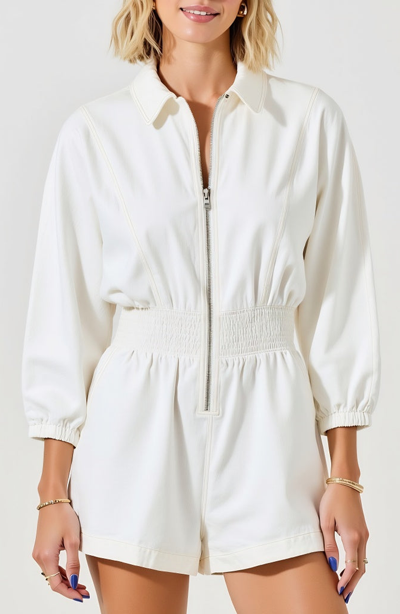 Modenaire Zip Front Long Sleeve Romper with Elastic Waist and Collar Detail, Main, color, White
