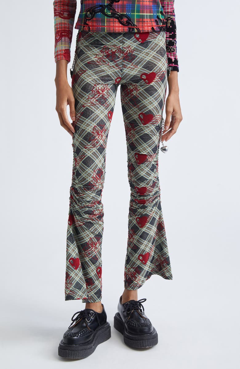 Chopova Lowena Sonicscape Plaid Flocked Mesh Leggings, Main, color, Grey/ Red Multi