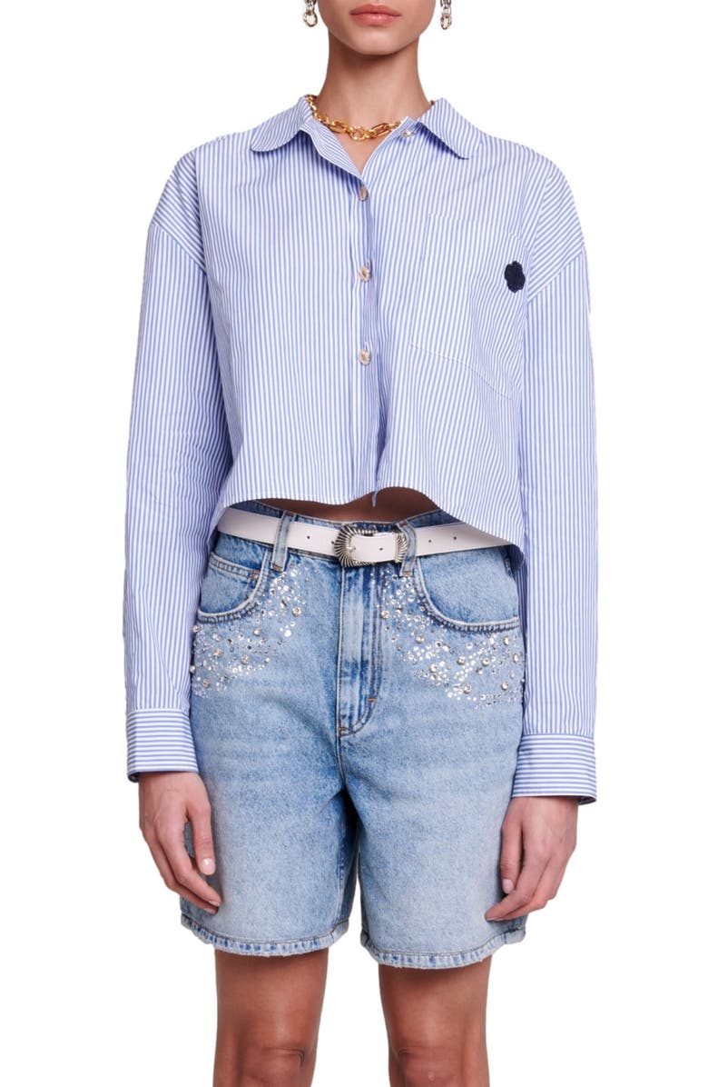 maje Cimia Clover Patch Stripe Crop Cotton Button-Up Shirt, Main, color,