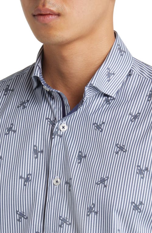 Stone Rose Dry Touch® Stripe Plane Print Performance Sateen Button-up Shirt In Navy