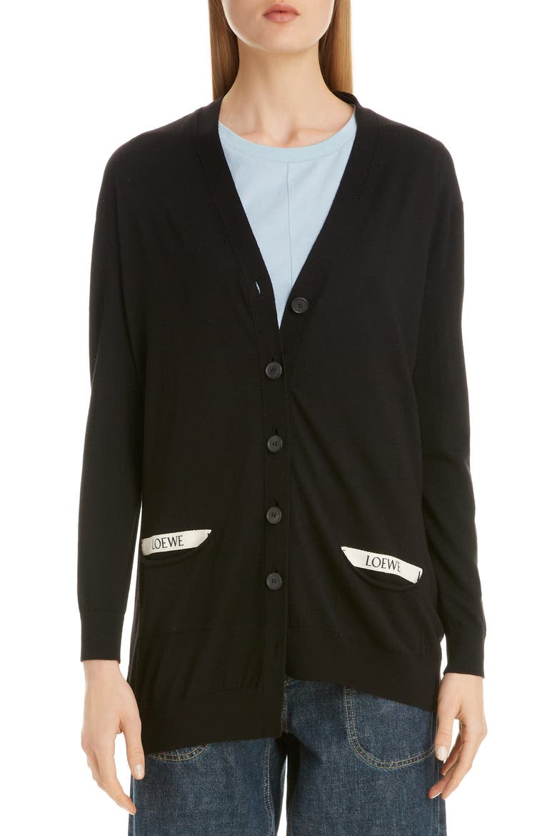 Logo Pocket Asymmetrical Wool Cardigan, Main, color, BLACK