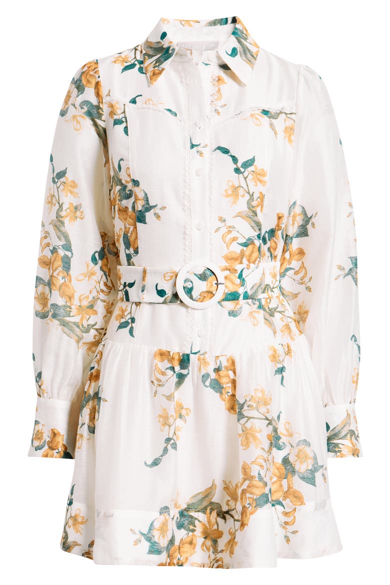 Lace Trim Belted Long Sleeve Mini Shirtdress, Alternate, color, IVORY- BROWN JESSICA FLORAL