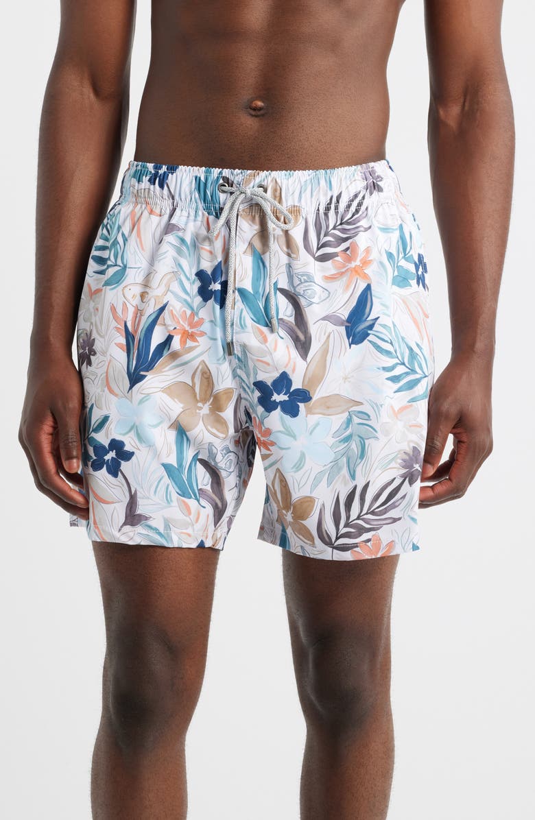 Vintage Summer Print Volley Swim Trunks, Main, color, White/ Tan