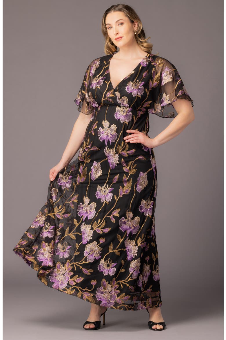 Embroidered Elegance Floral Gown, Alternate, color, PURPLE PEONIES