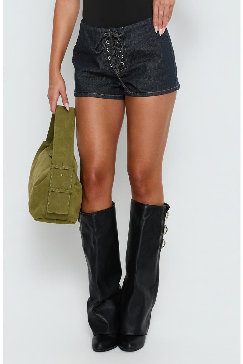 Thunderbird Lace Up Micro Shorts, Main, color, DARK INDIGO WASH