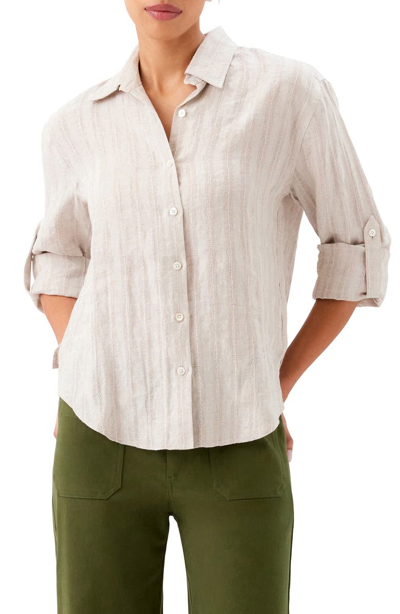 Karen Kane Stripe Linen Button-Up Shirt, Main, color, Oatmeal
