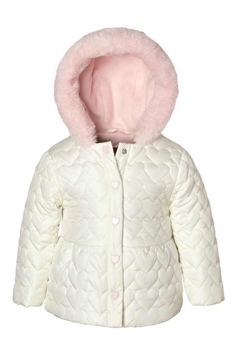 Kids' Heart Quilted Faux Fur Trim Jacket, Main, color, IVORY