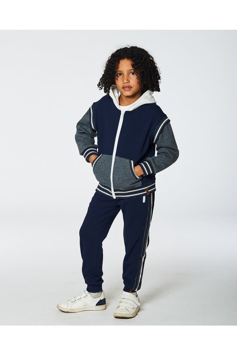 Little Boy's Fleece Sweatpants With Contrast Side Rib Navy, Alternate, color, Peacoat