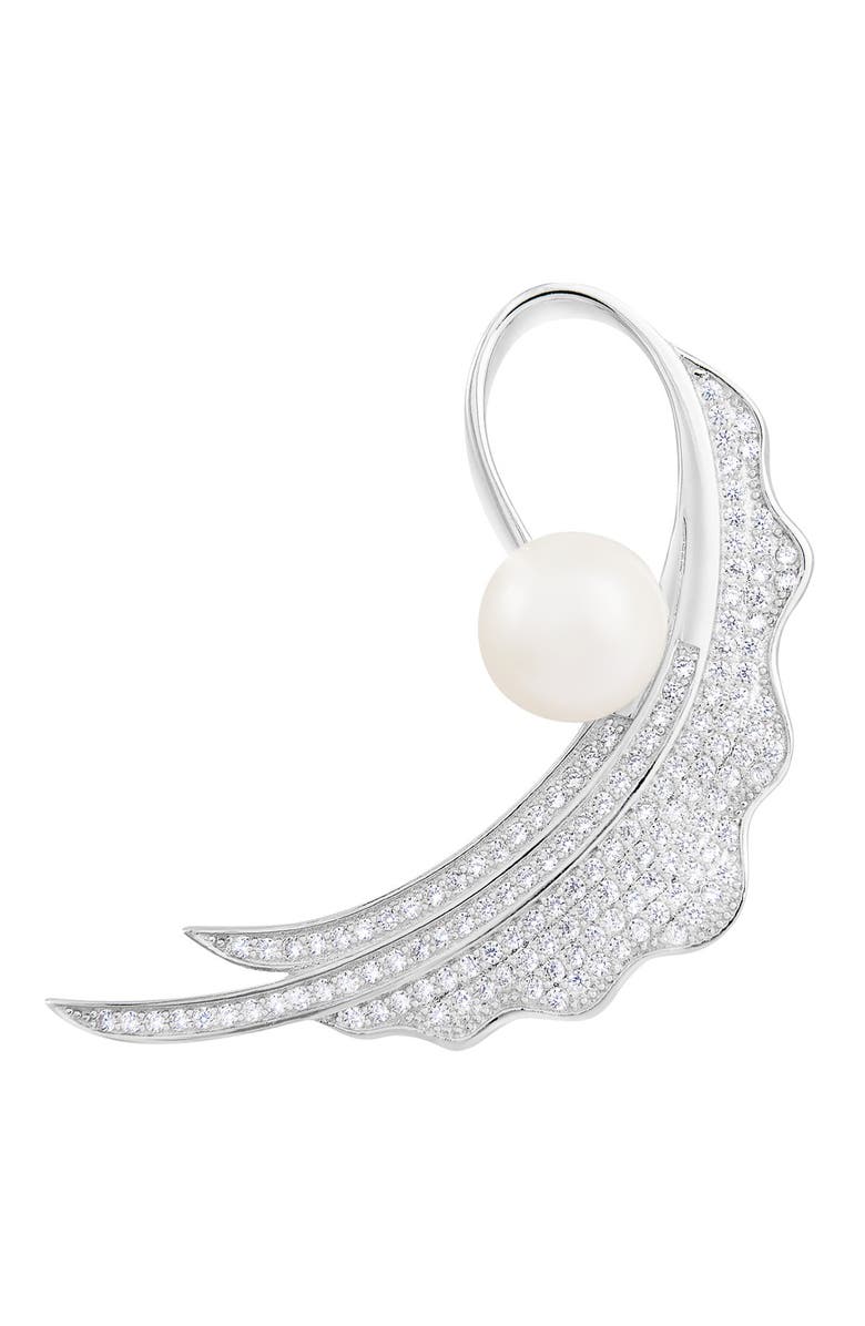 SPLENDID PEARLS Sterling Silver 9-10mm Freshwater Pearl & Pave CZ Flower Brooch, Main, color, 