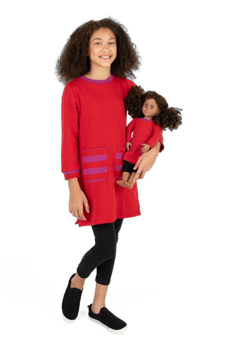Girls Sweatshirt Dress with Matching Doll Dress, Alternate, color, RED