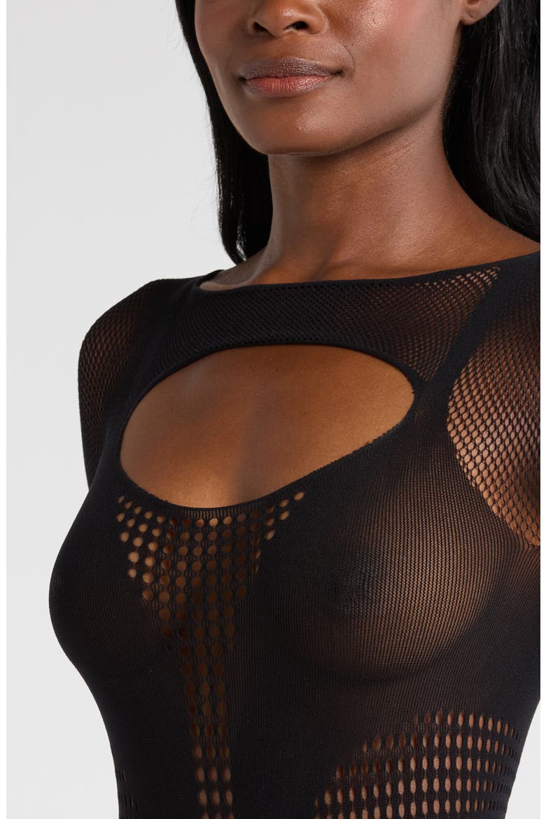 Pretty Long Sleeve Hosiery Thong Teddy, Alternate, color, BLACK
