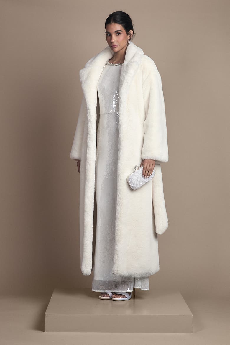 Occasion Belted Longline Fur Coat, Alternate, color, Ivory