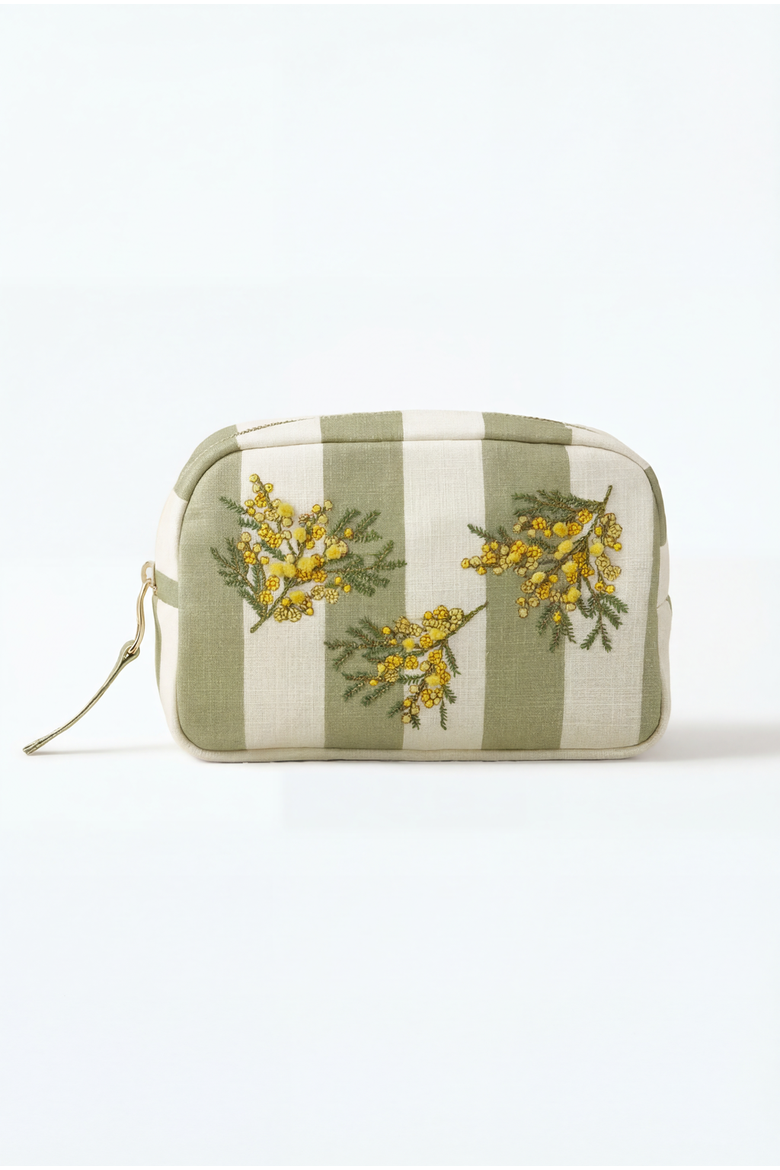 Mimosa Stripe Cotton Makeup Bag, Main, color, Green