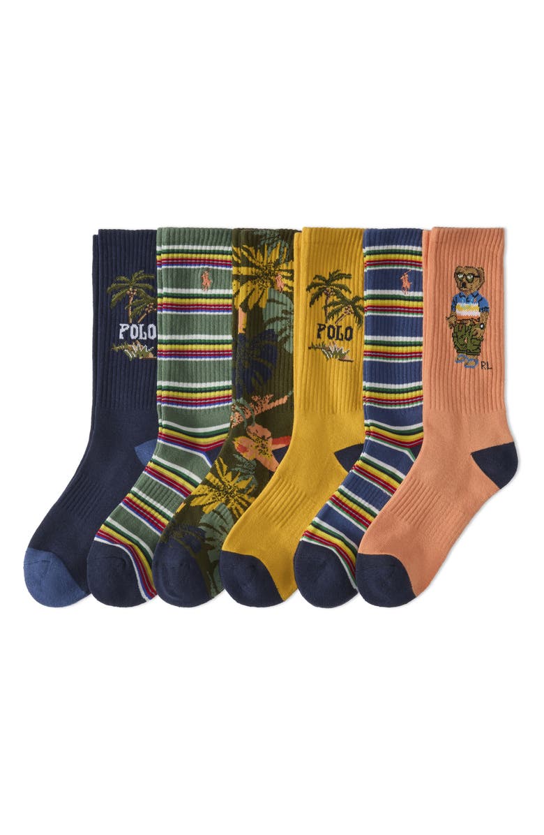 Polo Ralph Lauren Assorted 6-Pack Surf Club Bear Crew Socks, Main, color, 