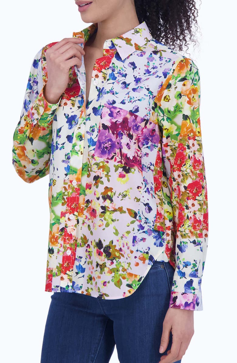 Foxcroft Meghan Floral Non-Iron Cotton Button-Up Shirt, Alternate, color, Yellow Multi