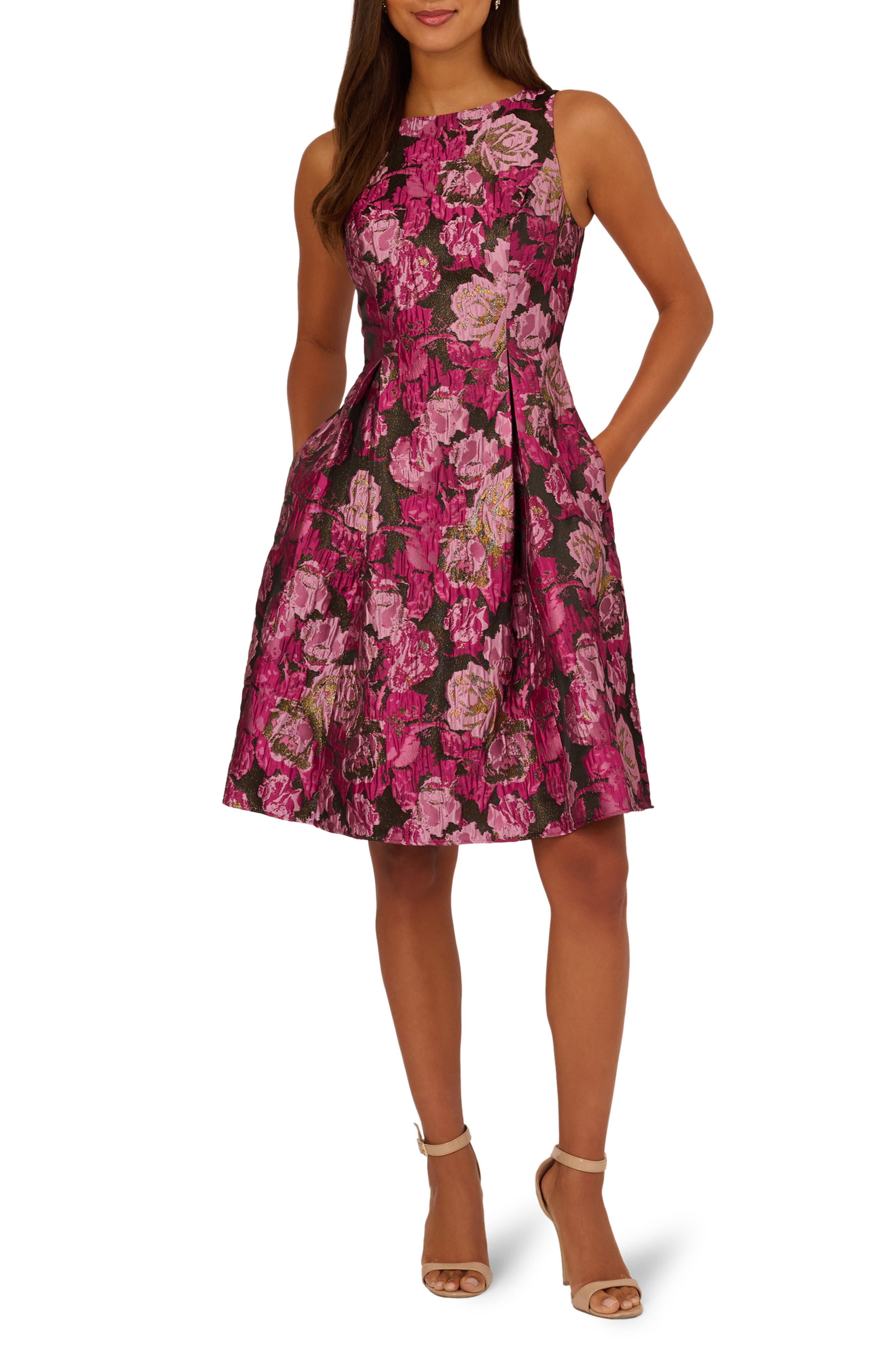 Adrianna Papell Metallic Floral Jacquard Fit & Flare Dress