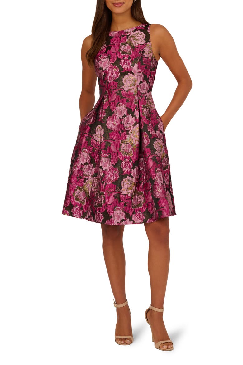 Metallic Floral Jacquard Fit & Flare Dress, Main, color, PINK/ BLACK MULTI