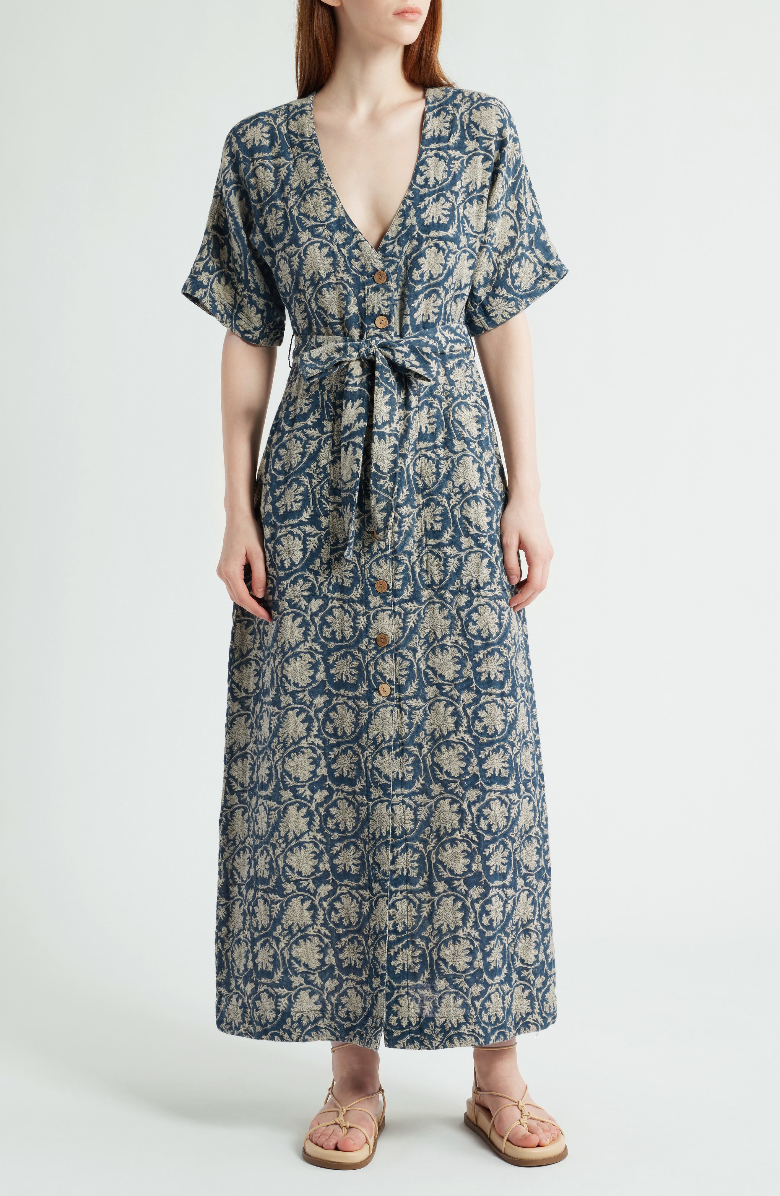 dune cotton gauze camille midi dress tranquil tides print Dune Camille Stripe Belted Organic Cotton Gauze Dress (Women)