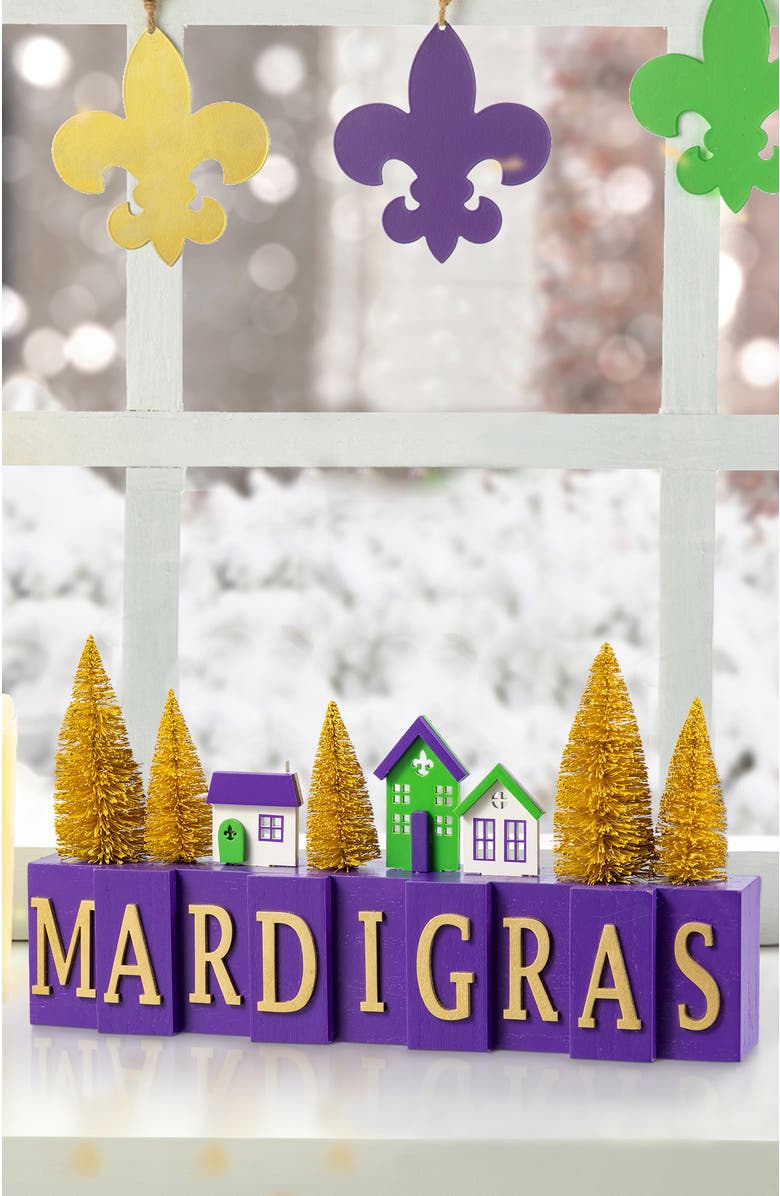 Glitzhome Mardi Gras Wooden House Brush Trees Table Decor, Alternate, color, Purple