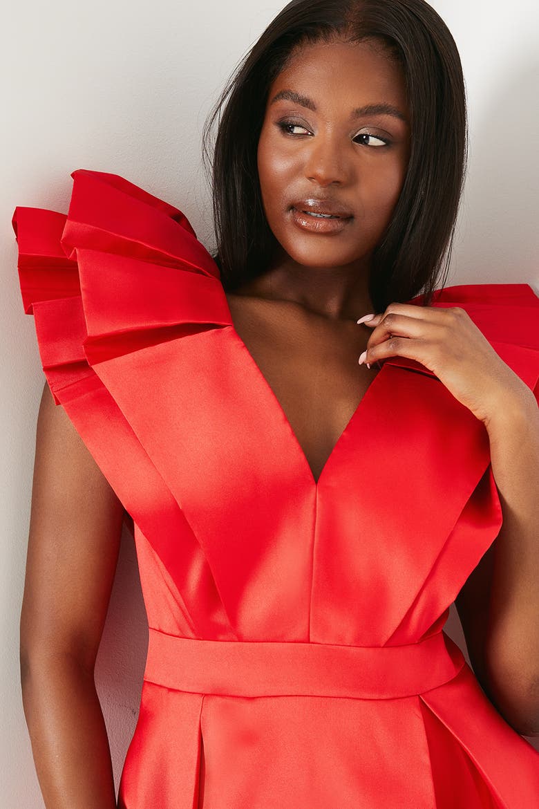 Frill Sleeve V-Neck Midi Dress, Alternate, color, Red