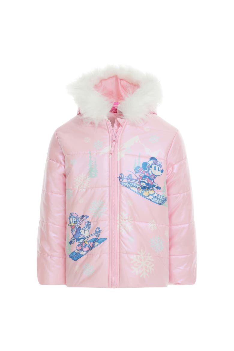 Minnie Mouse Faux Fur Hooded Puffer Coat, Main, color, Pink Minnie Daisy
