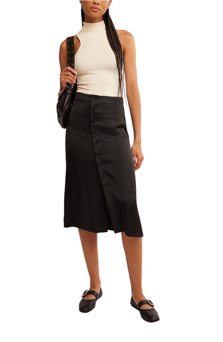 Free People Analise Button Front Satin Midi Skirt, Alternate, color, Black
