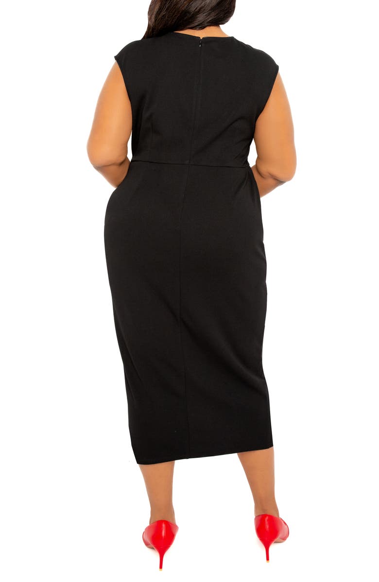 BUXOM COUTURE Asymmetric Button Detail Faux Wrap Midi Dress, Alternate, color, Black