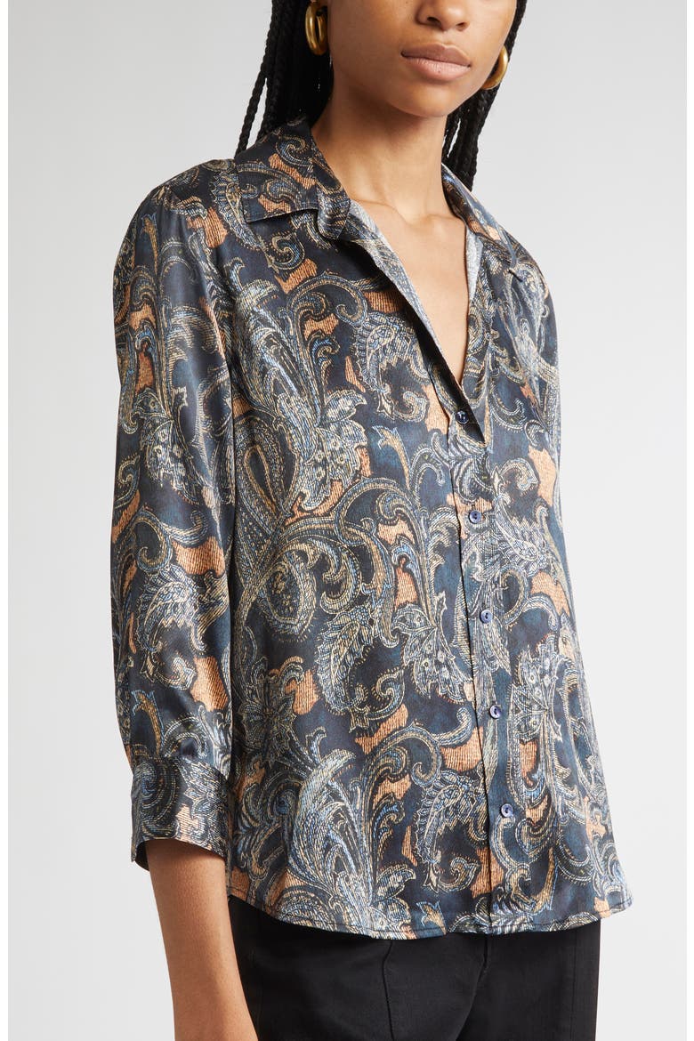 Dani Print Three-Quarter Sleeve Silk Button-Up Shirt, Alternate, color, MIDNIGHT MULTI ETCHED PAISLEY
