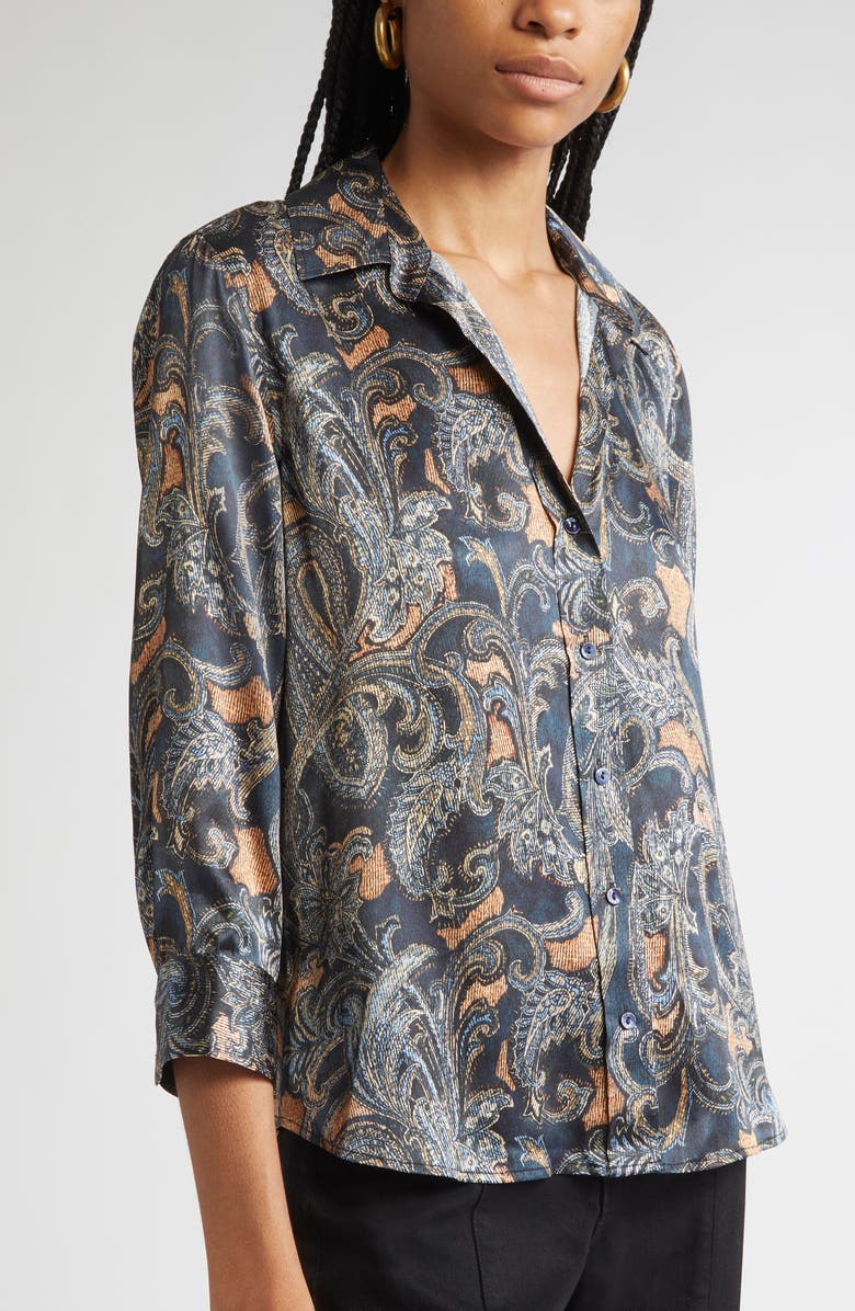 L'AGENCE Dani Print Three-Quarter Sleeve Silk Button-Up Shirt, Alternate, color, Midnight Multi Etched Paisley