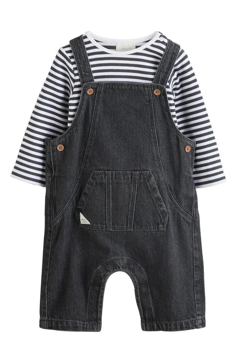 NEXT Stripe Long Sleeve T-Shirt & Denim Overalls Set, Main, color, Black