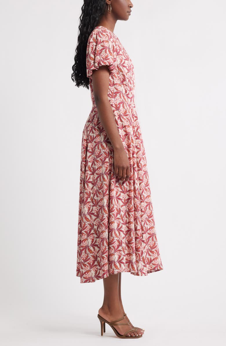 Chelsea28 Shirred Neck Puff Sleeve Midi Dress, Alternate, color, Pink Noel Boho