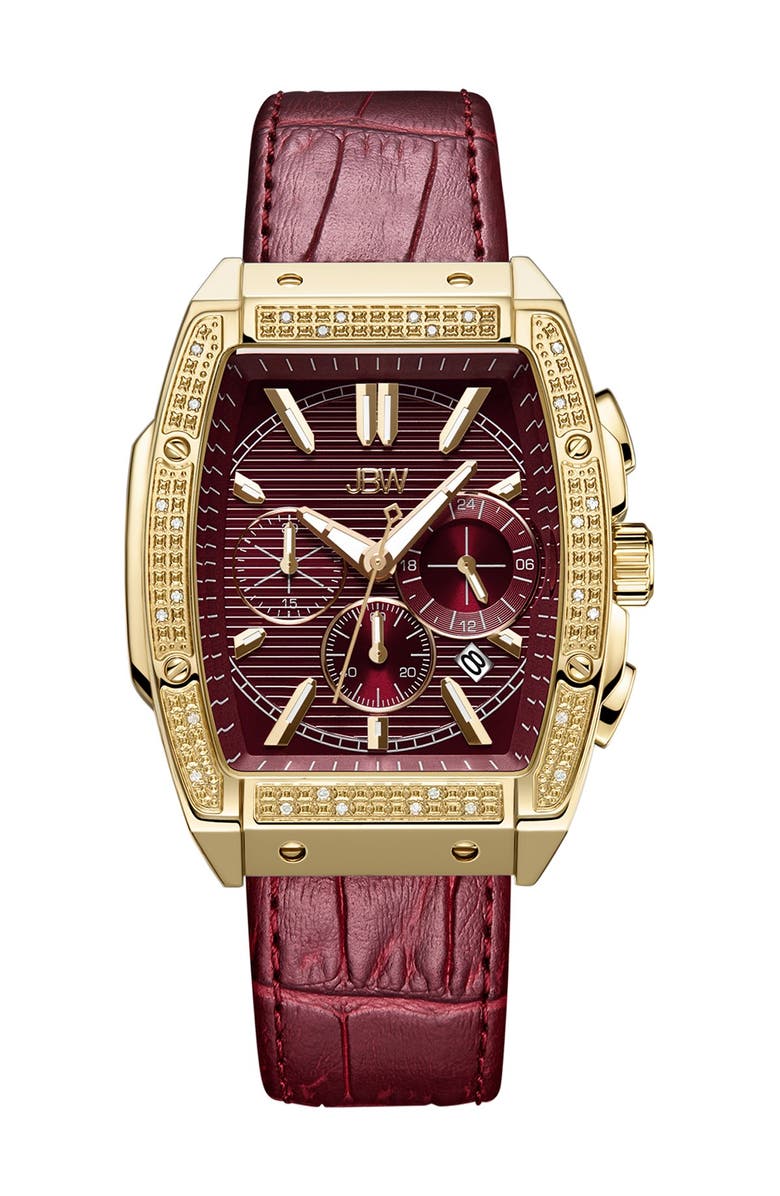 JBW Echelon Diamond Chronograph Croc Embossed Leather Strap Watch, 41mm, Main, color, Maroon